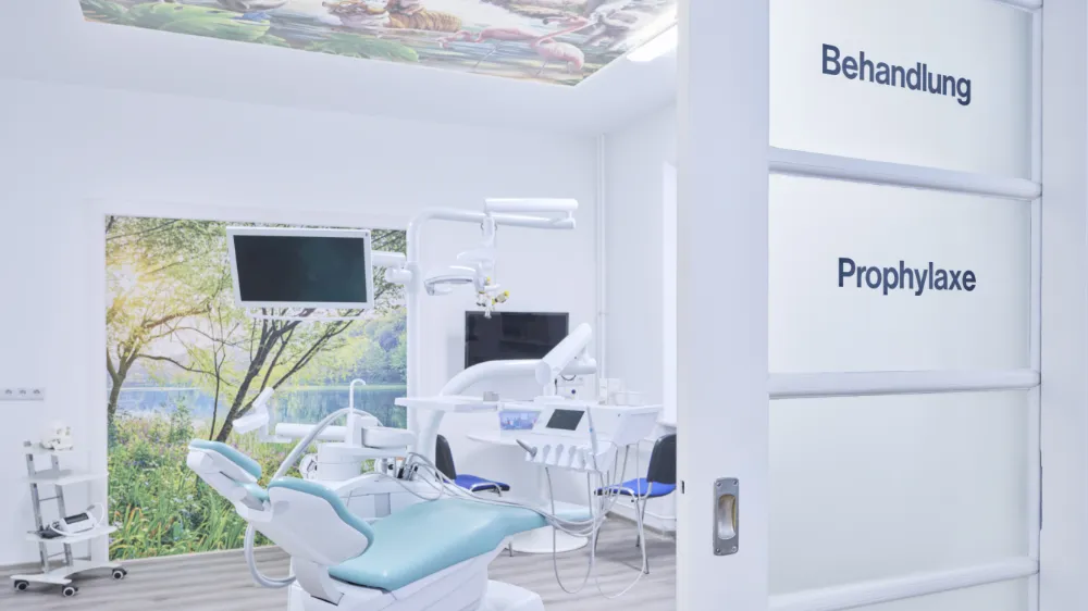 Zahnbehandlungsraum mit modernem Behandlungsstuhl, Monitor und dekorativer Wandgestaltung. Beschriftete Glastür mit den Worten „Behandlung“ und „Prophylaxe“.